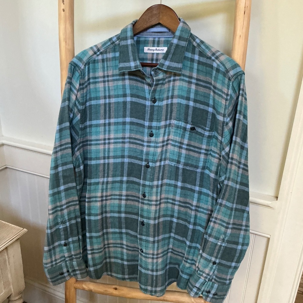Tommy Bahama Mens Large Teal Green Plaid Cotton Flannel Button Down Shirt L